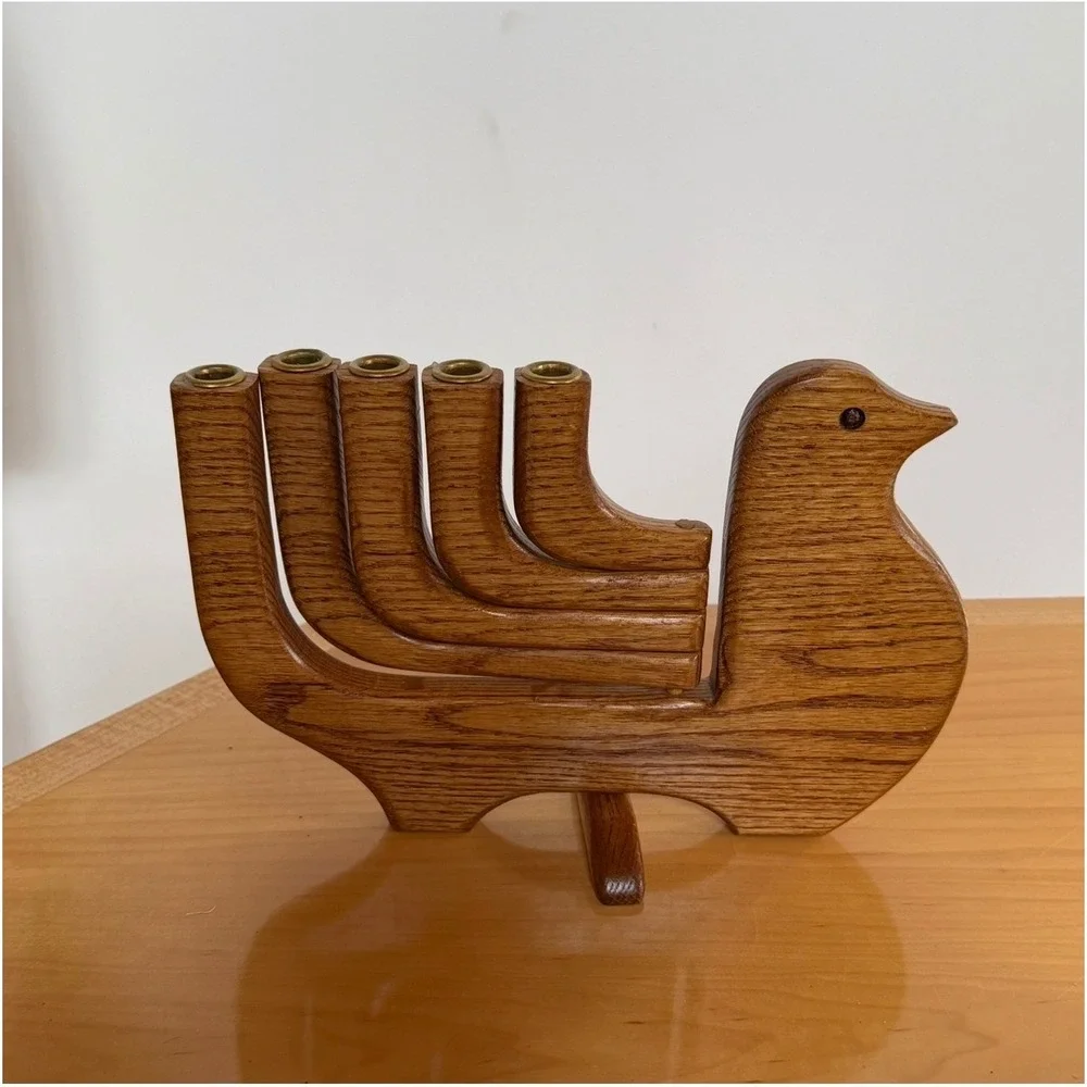 Vintage MCM Wooden Bird Candelabra 5-Light Taper Candle Holder Oak Finish Bird